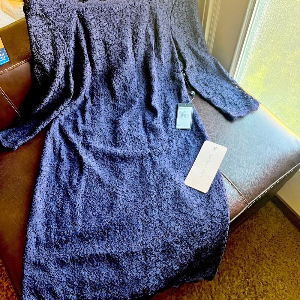 Dress, Size 14p Lace & Lined, Color Navy, Hem, Back Zipper closure.